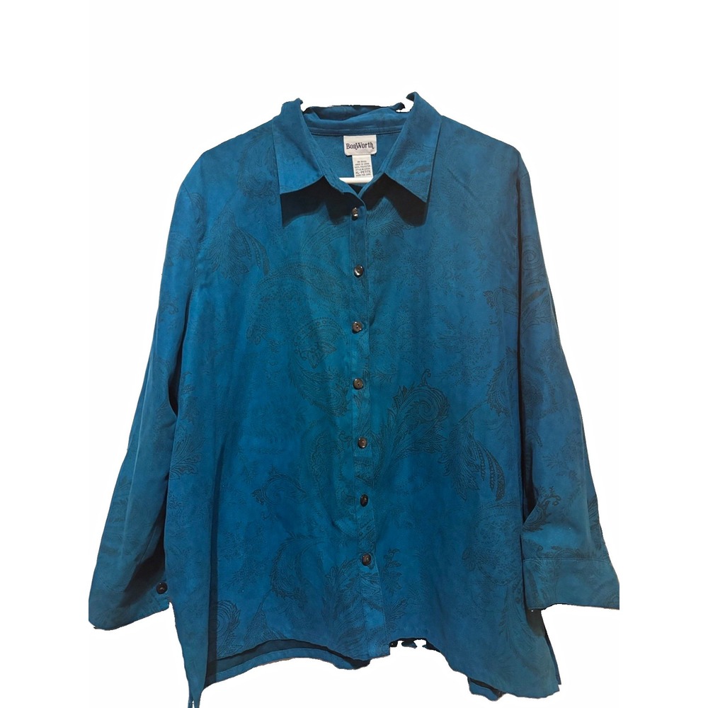 Vintage BonWorth Women's Paisley Button-Up Blouse, Long Sleeve, Blue/Black, PXL
